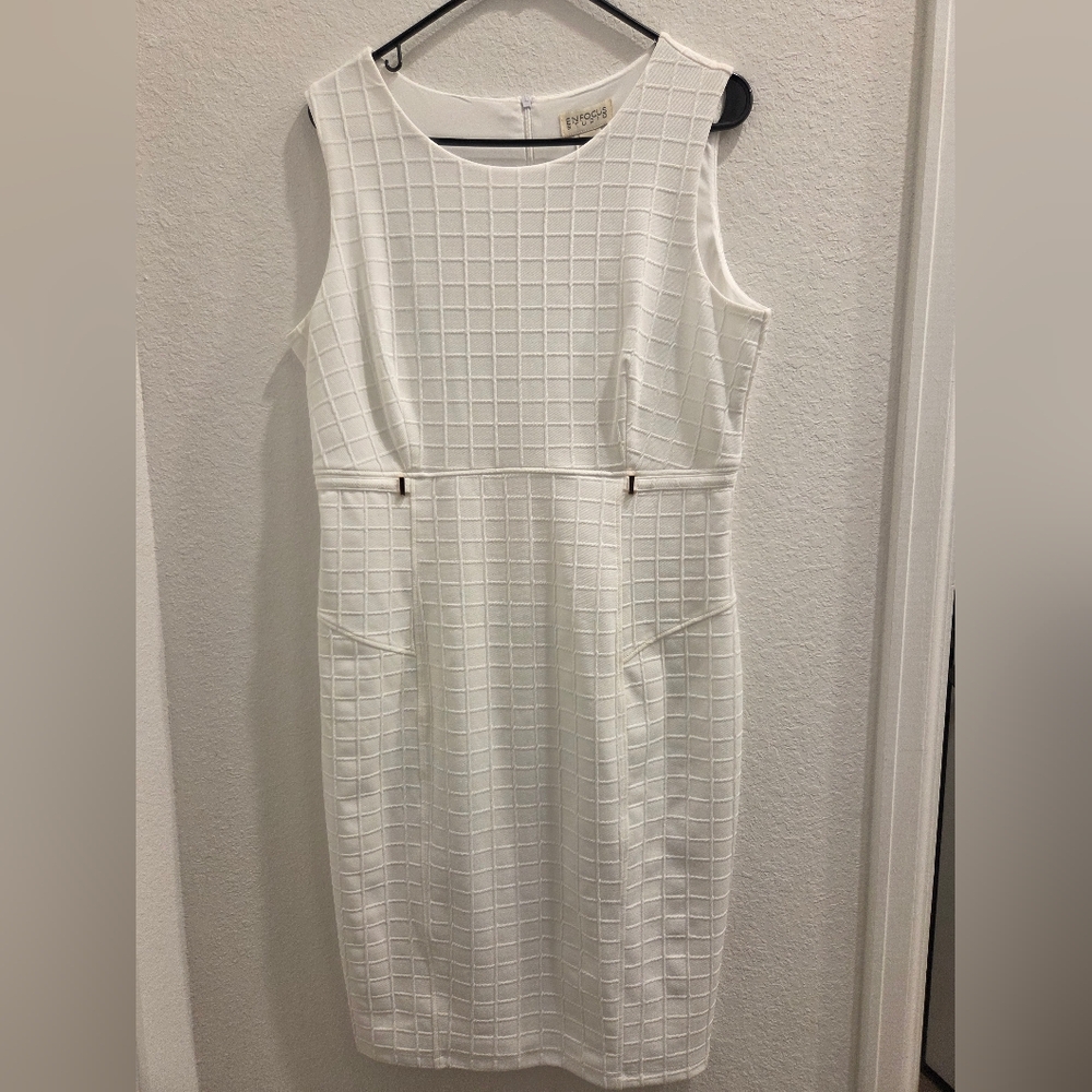 White Textured Sheath Dress - Classic Sleeveless Work Dress